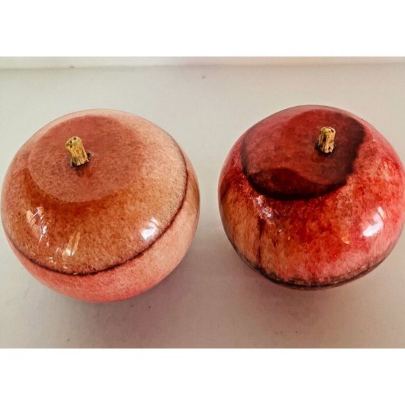 Antique Apple Italian Alabaster Stone Set of 2 Fruit Carved Marble 3" Woodstem - Picture 4 of 10